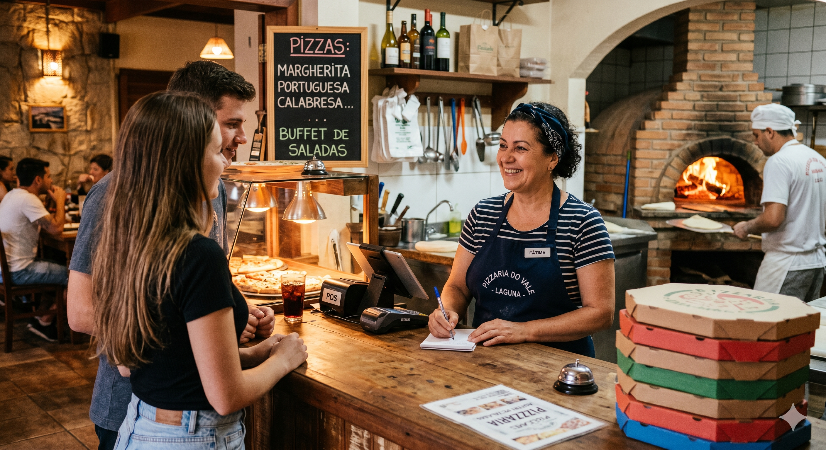 A imagem apresenta uma cena acolhedora no interior de uma pizzaria rústica chamada "Pizzaria do Vale".  Descrição da Cena A Dona: Uma mulher sorridente, identificada como Fátima em seu crachá, atende um casal jovem no balcão de madeira. Ela veste um avental azul e uma bandana na cabeça.  O Ambiente: Ao fundo, um pizzaiolo trabalha em um forno a lenha aceso. Há prateleiras com garrafas de vinho, um quadro-negro com o menu de pizzas (Margherita, Portuguesa, Calabresa) e uma pilha de caixas de pizza coloridas sobre o balcão.  Detalhes: O balcão contém um terminal de pagamento, um bloco de notas onde a proprietária escreve o pedido e uma campainha de metal. A iluminação é quente e convidativa, reforçando o clima tradicional do estabelecimento.