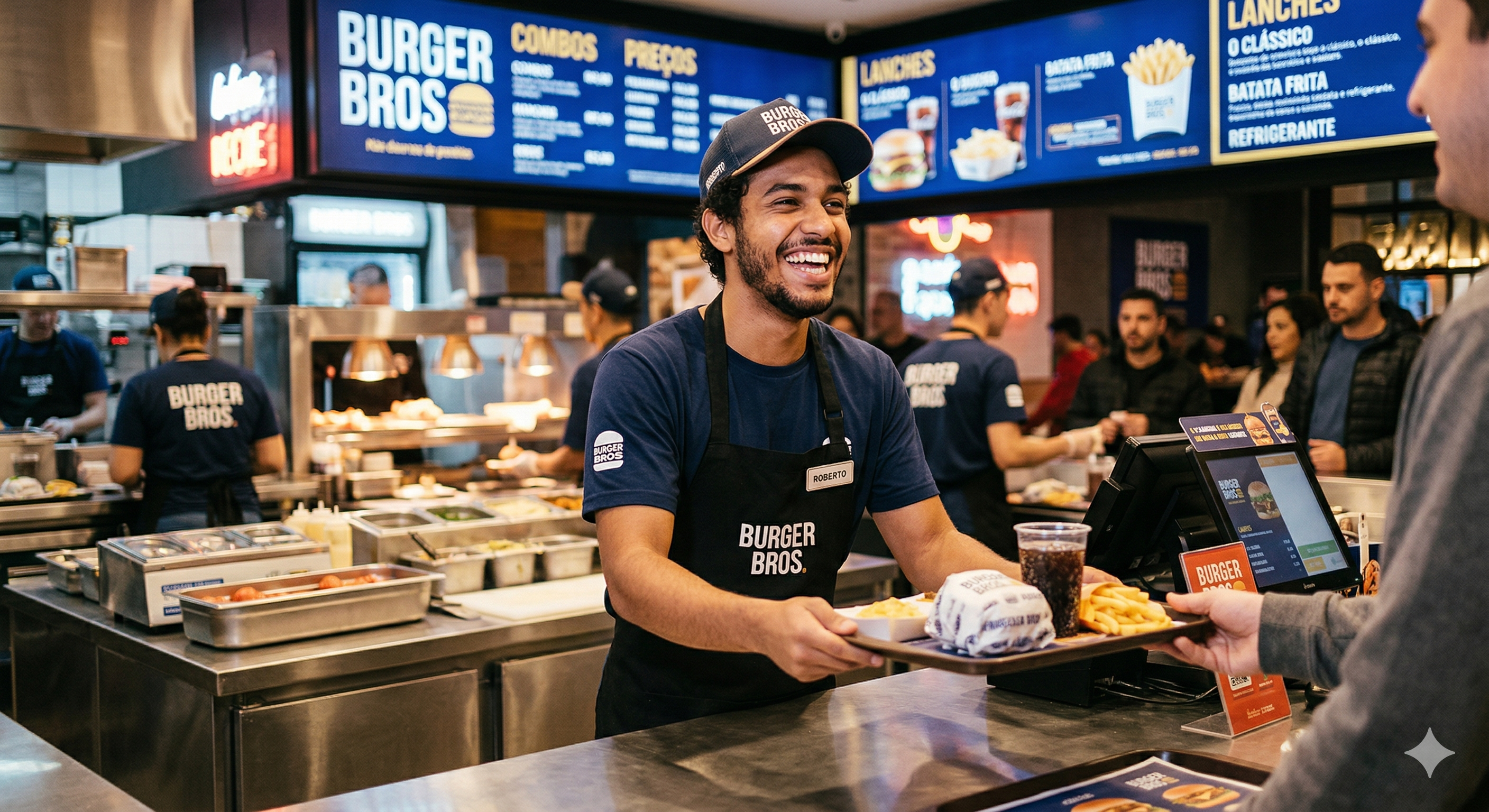 Um homem jovem, com barba curta e expressão alegre, trabalha atrás do balcão de uma lanchonete de fast-food chamada "Burger Bros". Ele veste um uniforme composto por uma camiseta azul-marinho, um avental preto com o logotipo da marca e um boné azul. O funcionário está entregando uma bandeja com um hambúrguer embrulhado, batatas fritas e um refrigerante a um cliente, cujo braço aparece parcialmente à direita.  O ambiente ao fundo é dinâmico e iluminado.