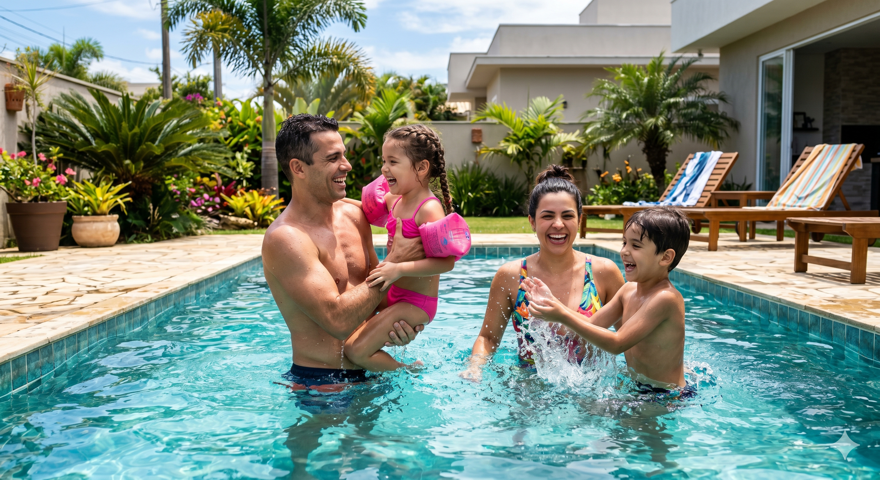 Uma imagem realista de uma família composta por pai, mãe, filho e filha se divertindo em uma piscina ensolarada no quintal de casa. O pai está à esquerda, segurando a filha pequena que usa boias cor-de-rosa nos braços, ambos rindo. Ao lado deles, a mãe e o filho mais velho brincam e espirram água um no outro com alegria. O ambiente ao redor inclui um jardim tropical com palmeiras, espreguiçadeiras de madeira e uma casa moderna ao fundo sob um céu azul claro.
