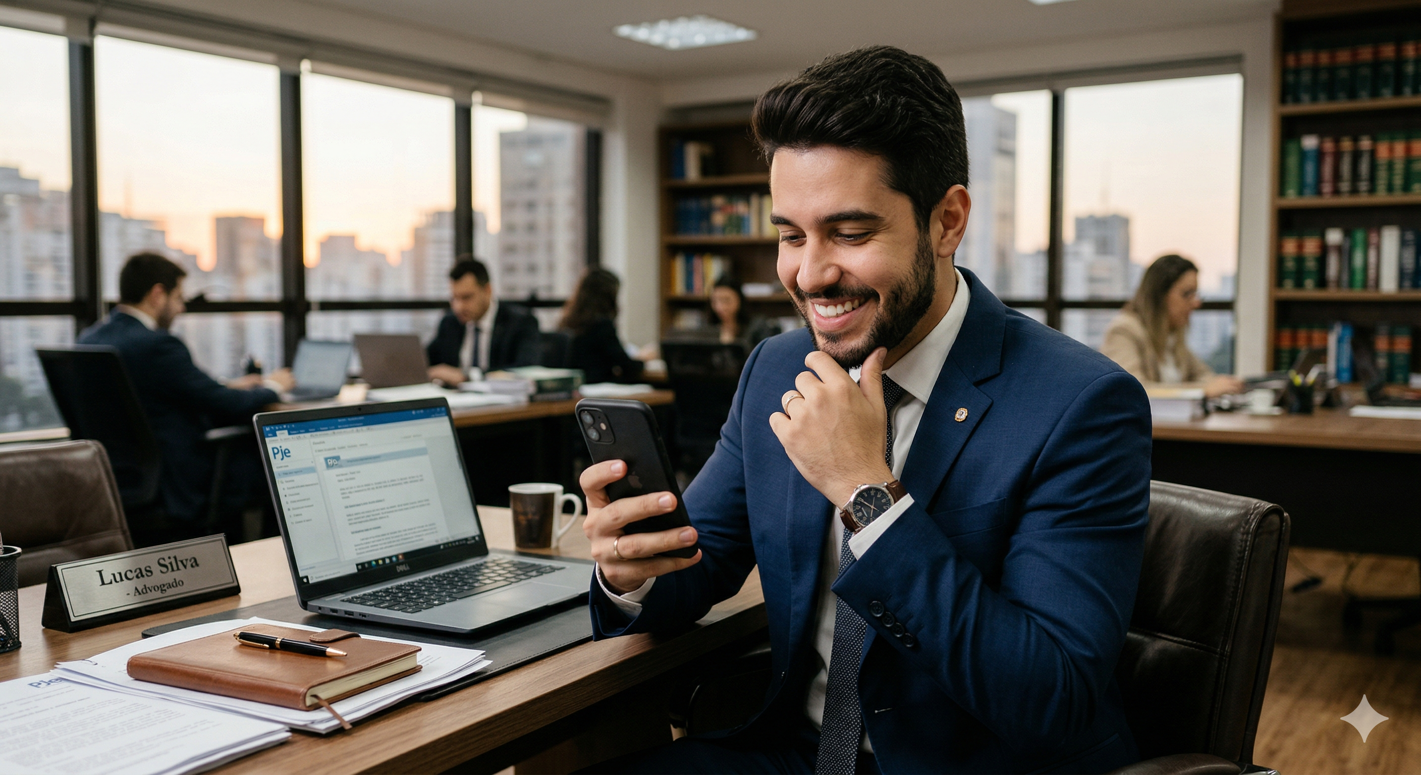 Um jovem advogado de barba aparada e terno azul-marinho sorri com satisfação enquanto olha para a tela de seu celular em um escritório de advocacia moderno. Ele está sentado à sua mesa, que contém um notebook aberto, uma agenda de couro e uma placa de identificação. Ao fundo, através de grandes janelas, vê-se o skyline de uma cidade ao entardecer, com outros colegas de trabalho operando em suas estações ao fundo. O clima é de sucesso profissional e prosperidade financeira.