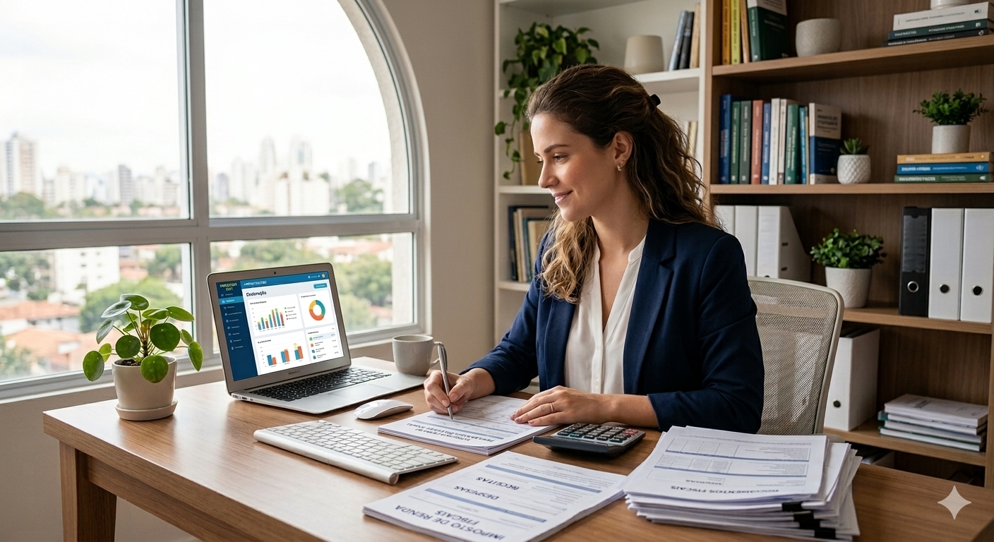 empresária sentada calculando seus impostos