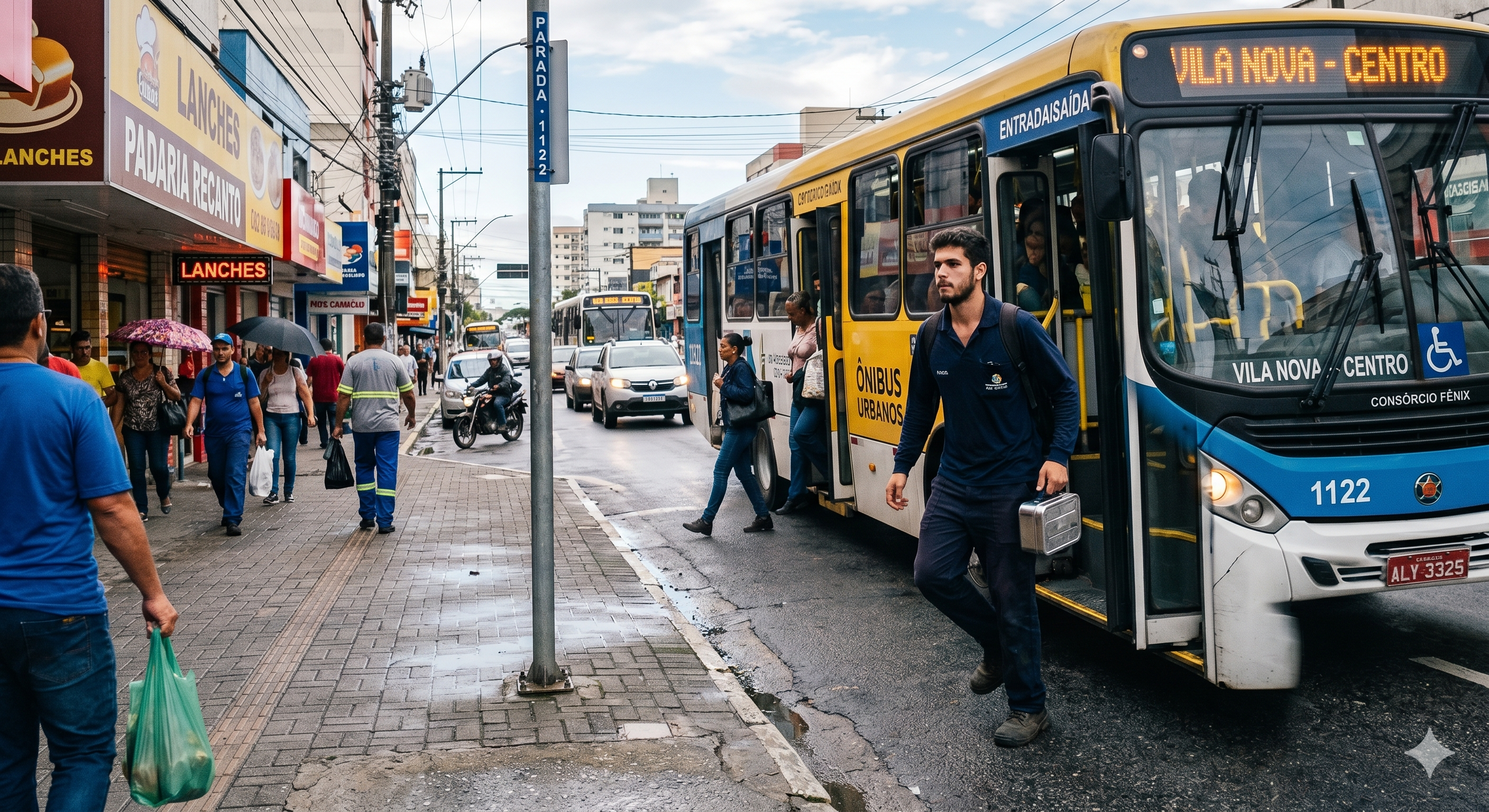 Uma fotografia realista e urbana no Brasil mostra um jovem trabalhador de barba curta, vestindo um uniforme azul-marinho e carregando uma marmita de metal, descendo pela porta frontal de um ônibus municipal amarelo e branco. O ônibus exibe o letreiro "Vila Nova - Centro" e está parado em uma rua movimentada com calçadas de blocos intertravados. Ao fundo, vê-se o comércio local com fachadas de padarias e lanchonetes, além de outros pedestres circulando sob um céu nublado, capturando o movimento típico de um início de jornada de trabalho.