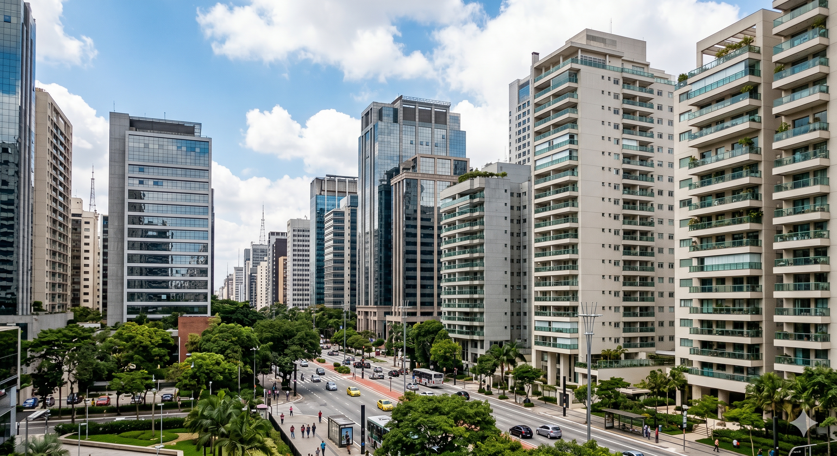 O cenário apresenta uma avenida larga com tráfego de veículos e pedestres, ladeada por diversos prédios modernos de escritórios e residenciais de arquitetura contemporânea. Árvores e áreas verdes ocupam as calçadas e canteiros da rua, contrastando com as fachadas de concreto e vidro dos edifícios. O céu está azul com algumas nuvens dispersas.
