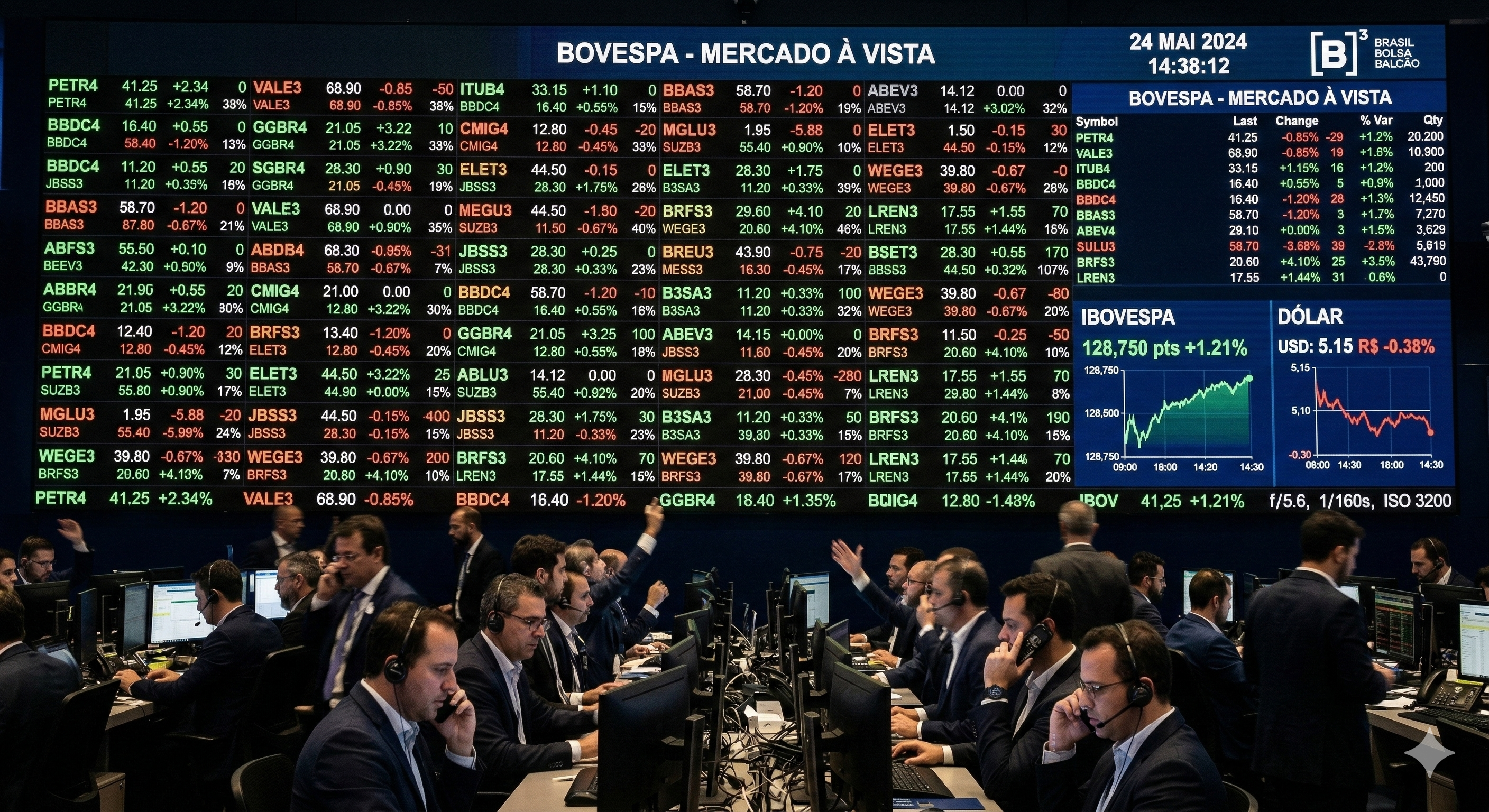 Operadores da Bolsa ao telefone, abaixo de um grande telão repleto de códigos de negociação