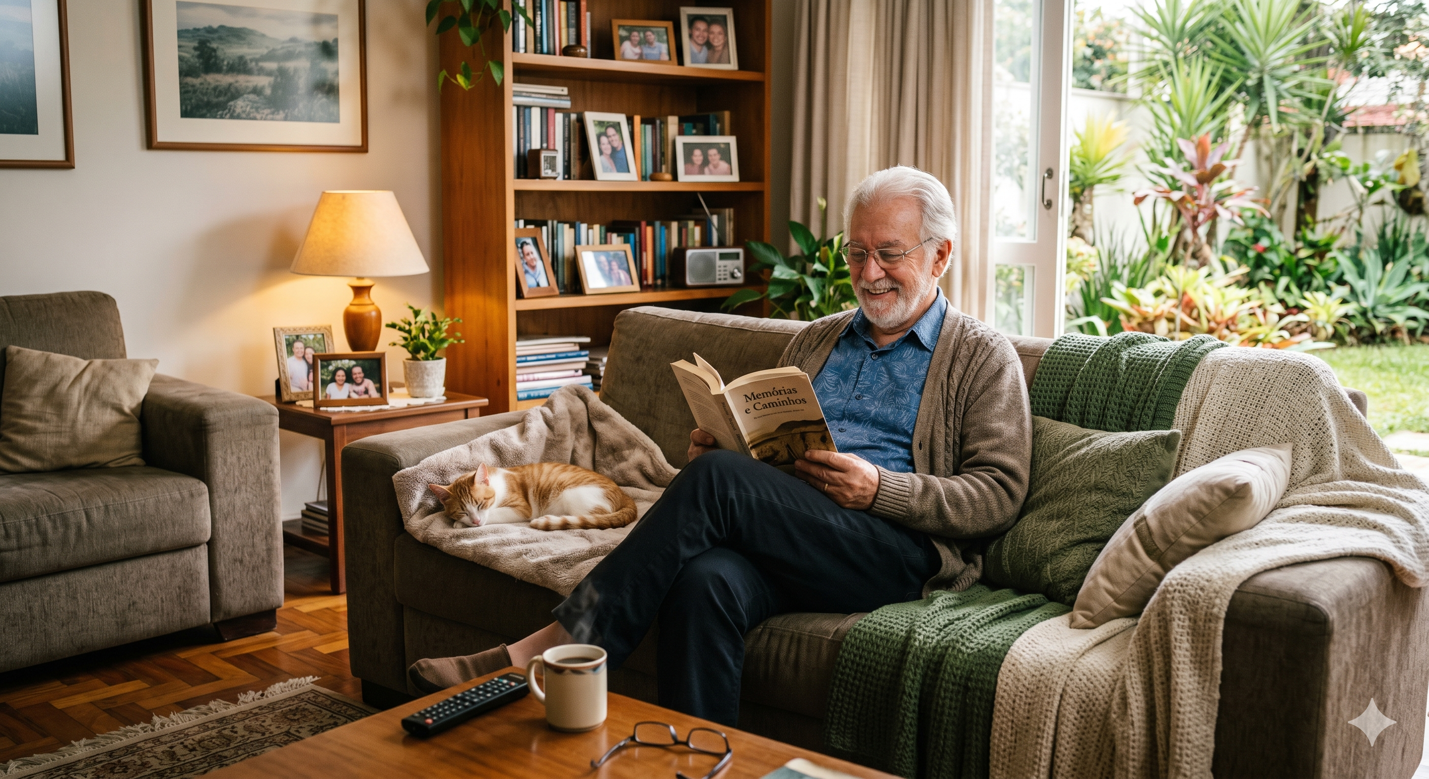 Um senhor idoso, de cabelos e barba brancos, sorri suavemente enquanto lê um livro sentado confortavelmente em um sofá marrom. Ele veste um cardigã bege sobre uma camisa azul. Ao seu lado, um gato malhado está enrodilhado tirando uma soneca sobre uma manta. A sala é acolhedora e iluminada pela luz natural que vem de uma grande janela ao fundo, revelando um jardim verdejante. O ambiente é repleto de detalhes afetivos, como uma estante cheia de livros e porta-retratos com fotos de família, além de uma mesa de centro com uma caneca de café fumegante, óculos e um controle remoto. A atmosfera transmite paz, conforto e uma rotina tranquila.