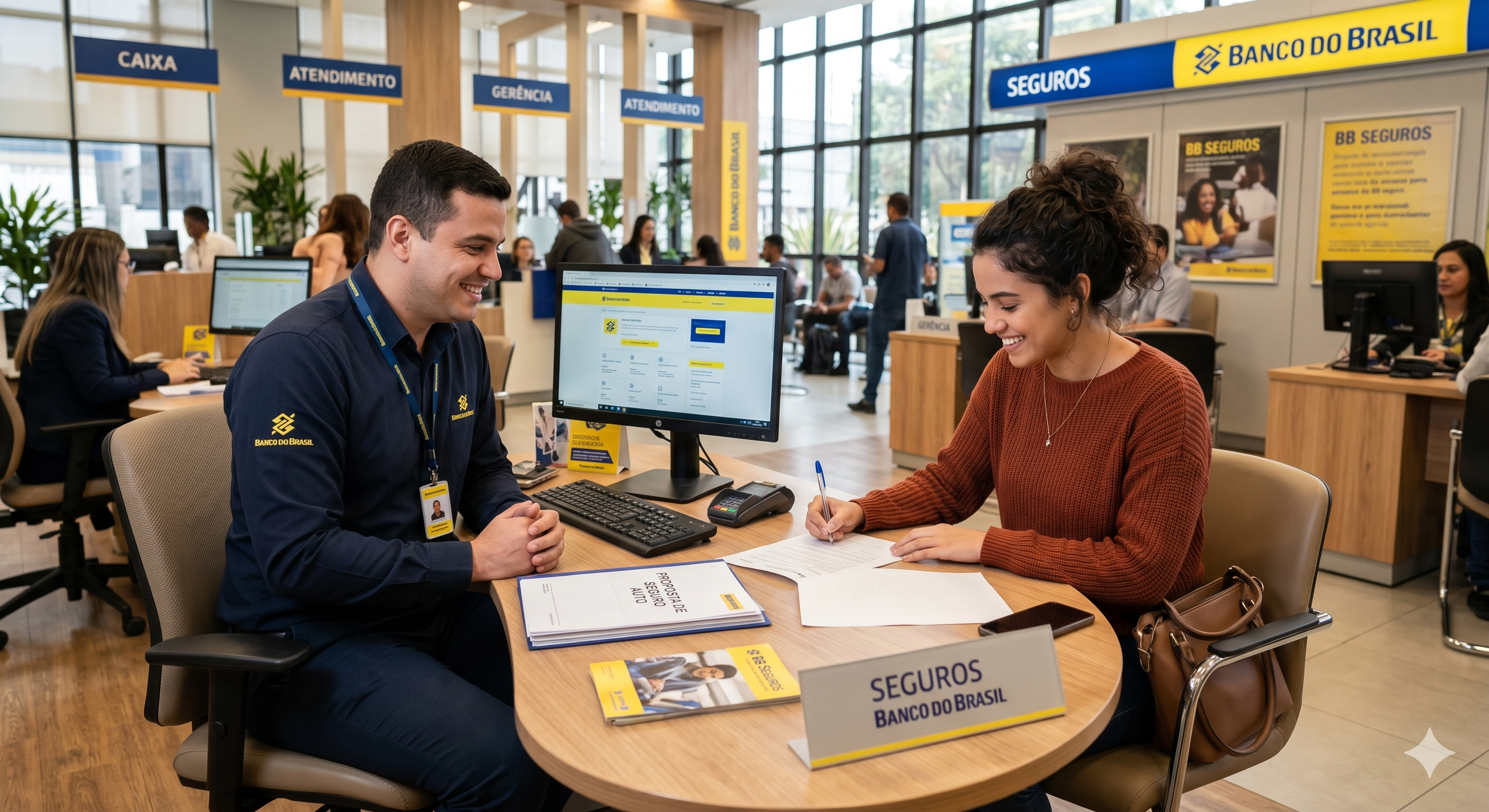 A imagem apresenta uma cena interna em uma agência bancária moderna e iluminada, com foco em uma jovem mulher e um gerente de banco sentados em uma mesa de atendimento arredondada.  A Jovem: No lado direito, uma mulher jovem de cabelos cacheados e sorriso confiante está assinando um documento com uma caneta azul. Ela veste uma blusa de tricô cor de ferrugem e demonstra tranquilidade no processo.  O Gerente: À esquerda, um homem jovem com uniforme azul escuro do "Banco do Brasil" observa a cliente com um sorriso amigável e profissional. Ele está com as mãos entrelaçadas sobre a mesa.  O Ambiente: Sobre a mesa, há folhetos informativos, um tablet ou monitor exibindo o que parece ser um portal de seguros e uma placa de identificação com o texto "SEGUROS BANCO DO BRASIL".  Plano de Fundo: Ao fundo, a agência é ampla, com grandes janelas de vidro que deixam entrar luz natural. Há sinalizações suspensas indicando setores como "CAIXA", "ATENDIMENTO" e "SEGUROS", além de outros funcionários e clientes em atividade, criando uma atmosfera de um dia útil comum.  A composição transmite uma sensação de segurança, profissionalismo e inclusão financeira.