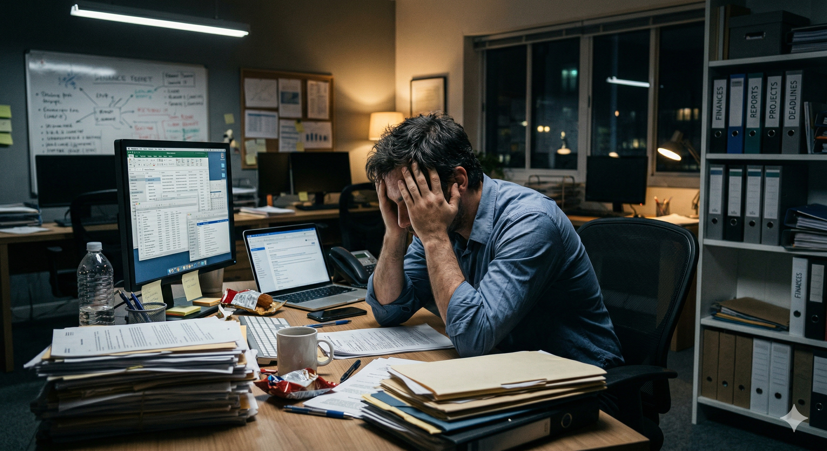 Um homem de meia-idade, com cabelos escuros e levemente bagunçados, está sentado em uma mesa de escritório em um ambiente mal iluminado à noite. Ele está com a cabeça baixa, apoiada em ambas as mãos, em um gesto de profundo cansaço e frustração. A mesa está coberta por pilhas desordenadas de papéis, pastas, um notebook aberto e um monitor de computador exibindo planilhas. Há também uma xícara de café, uma garrafa de água e restos de embalagens de lanches. Ao fundo, prateleiras repletas de pastas de arquivos e uma janela mostrando o exterior escuro reforçam a atmosfera de isolamento e sobrecarga de trabalho. A iluminação é fria, focada principalmente na área de trabalho, acentuando o clima de exaustão psicológica.