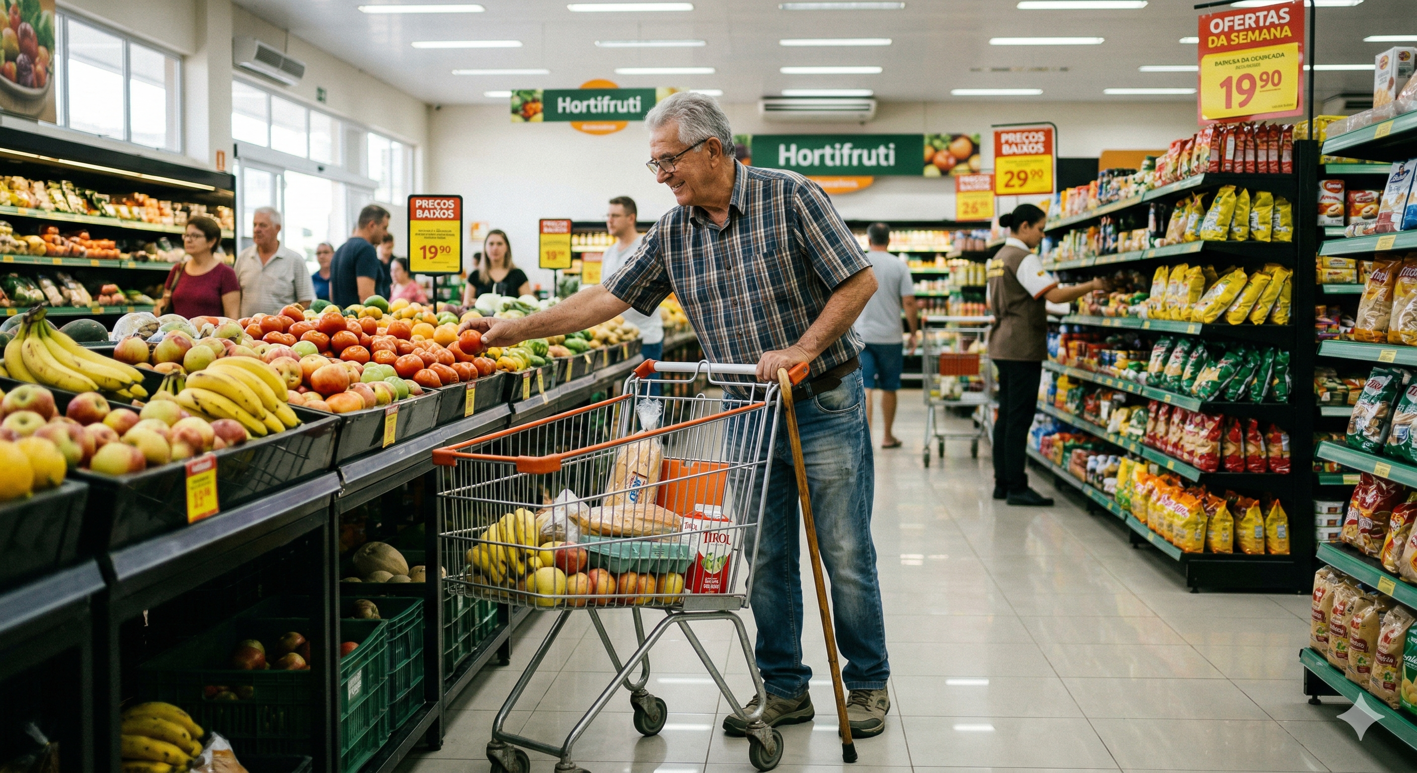 Uma fotografia realista de um **senhor idoso e sorridente** em um supermercado bem iluminado. Ele tem cabelos grisalhos, usa óculos e veste uma camisa xadrez azul com calça jeans.   Ele está em pé na seção de **hortifruti**, segurando um carrinho de compras de metal que já contém algumas frutas e pães. Com uma das mãos, ele escolhe cuidadosamente um tomate de uma banca repleta de frutas frescas, como bananas e maçãs. Ao fundo, veem-se prateleiras organizadas, outros clientes e cartazes de ofertas com preços em destaque, criando uma atmosfera cotidiana e tranquila.
