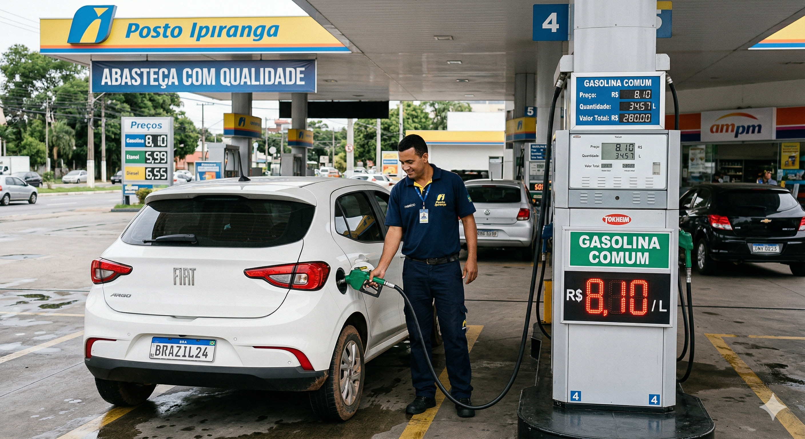 Uma fotografia realista de um posto de combustível no Brasil. No centro, um frentista com uniforme azul está abastecendo um carro branco da marca Fiat. Em primeiro plano, à direita, destaca-se uma bomba de combustível moderna exibindo no painel digital o preço de R$ 8,10 por litro para Gasolina Comum. Ao fundo, é possível ver a placa de preços do posto com o mesmo valor, além de uma loja de conveniência "am/pm". O ambiente é iluminado pela luz do dia e o chão do posto está levemente úmido.