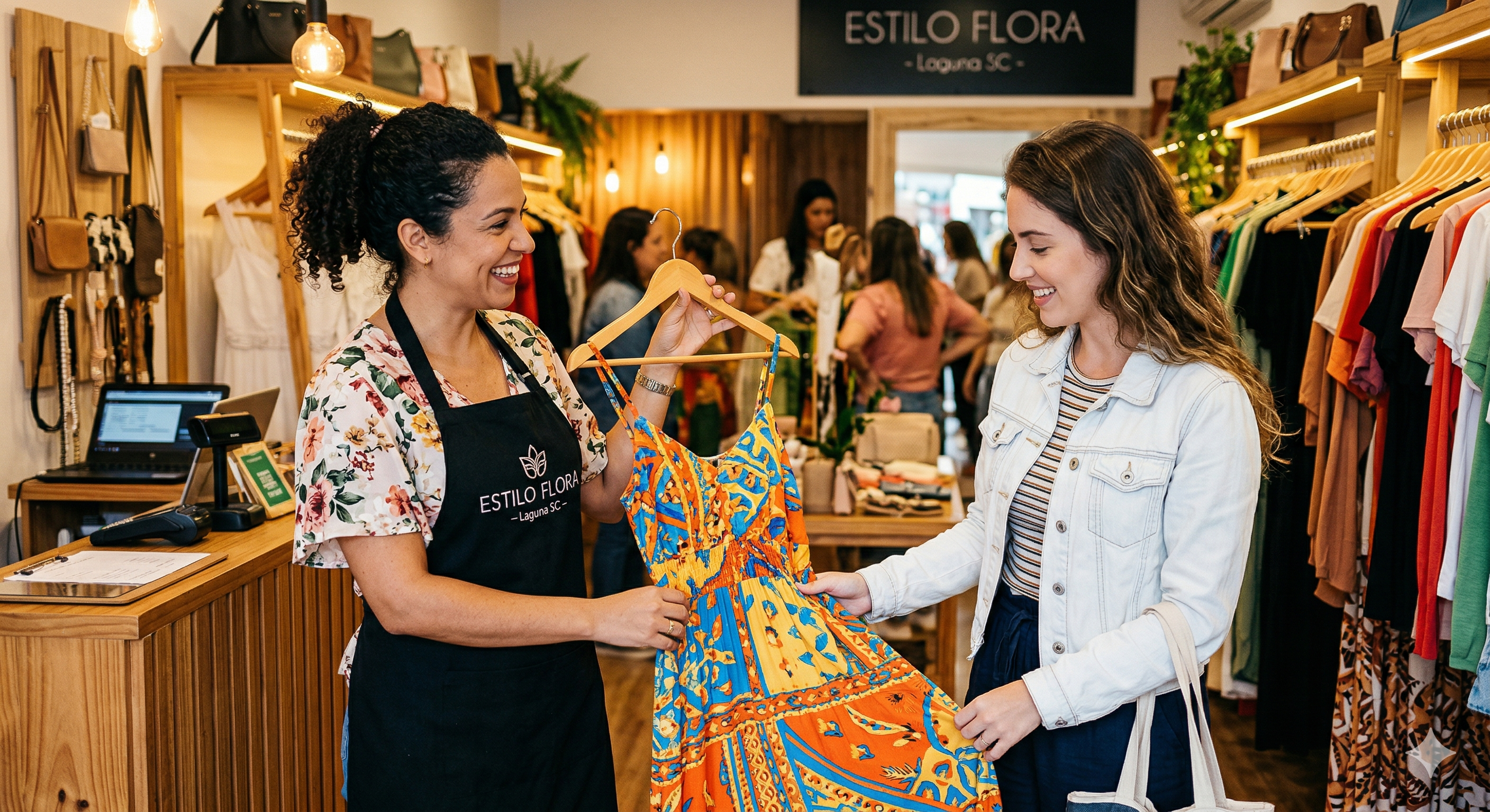 Uma vendedora sorridente, vestindo um avental preto sobre uma blusa floral, exibe um vestido estampado em tons vibrantes de laranja, azul e amarelo para uma cliente em uma loja de roupas aconchegante. A cliente, uma jovem de jaqueta jeans, observa a peça com interesse e um sorriso. O ambiente ao fundo mostra araras repletas de roupas, prateleiras com bolsas e uma placa com o nome "ESTILO FLORA - Laguna SC", criando uma atmosfera de atendimento personalizado e amigável.