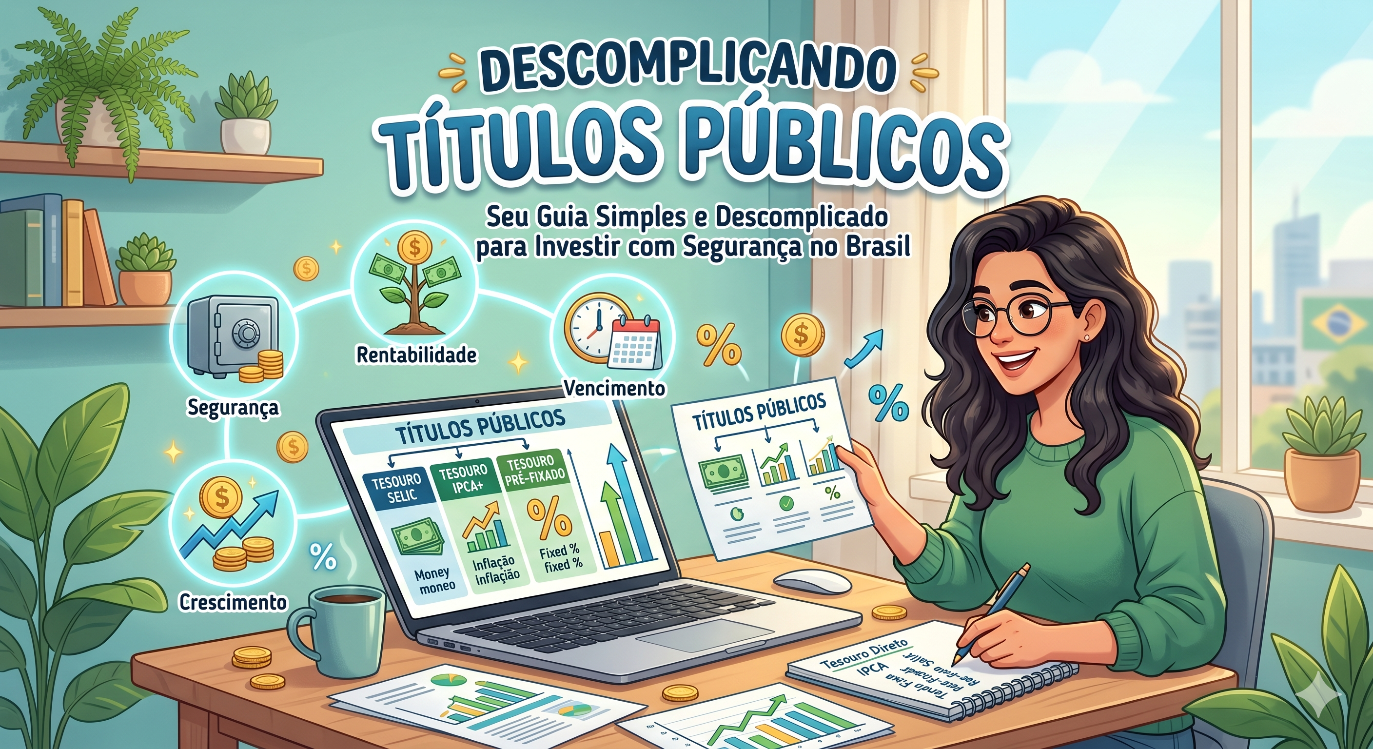 Ilustração vibrante e didática para um blog de finanças. No centro, uma mulher sorridente com óculos trabalha em um escritório moderno, segurando um gráfico. À sua frente, um laptop exibe um painel com os dizeres 'Títulos Públicos', mostrando opções como Tesouro Selic, IPCA+ e Pré-fixado com ícones explicativos de moedas, gráficos de crescimento e calendários. Acima dela, o título em destaque diz 'Descomplicando Títulos Públicos'. A cena é iluminada e organizada, transmitindo uma sensação de clareza, segurança e facilidade ao investir.