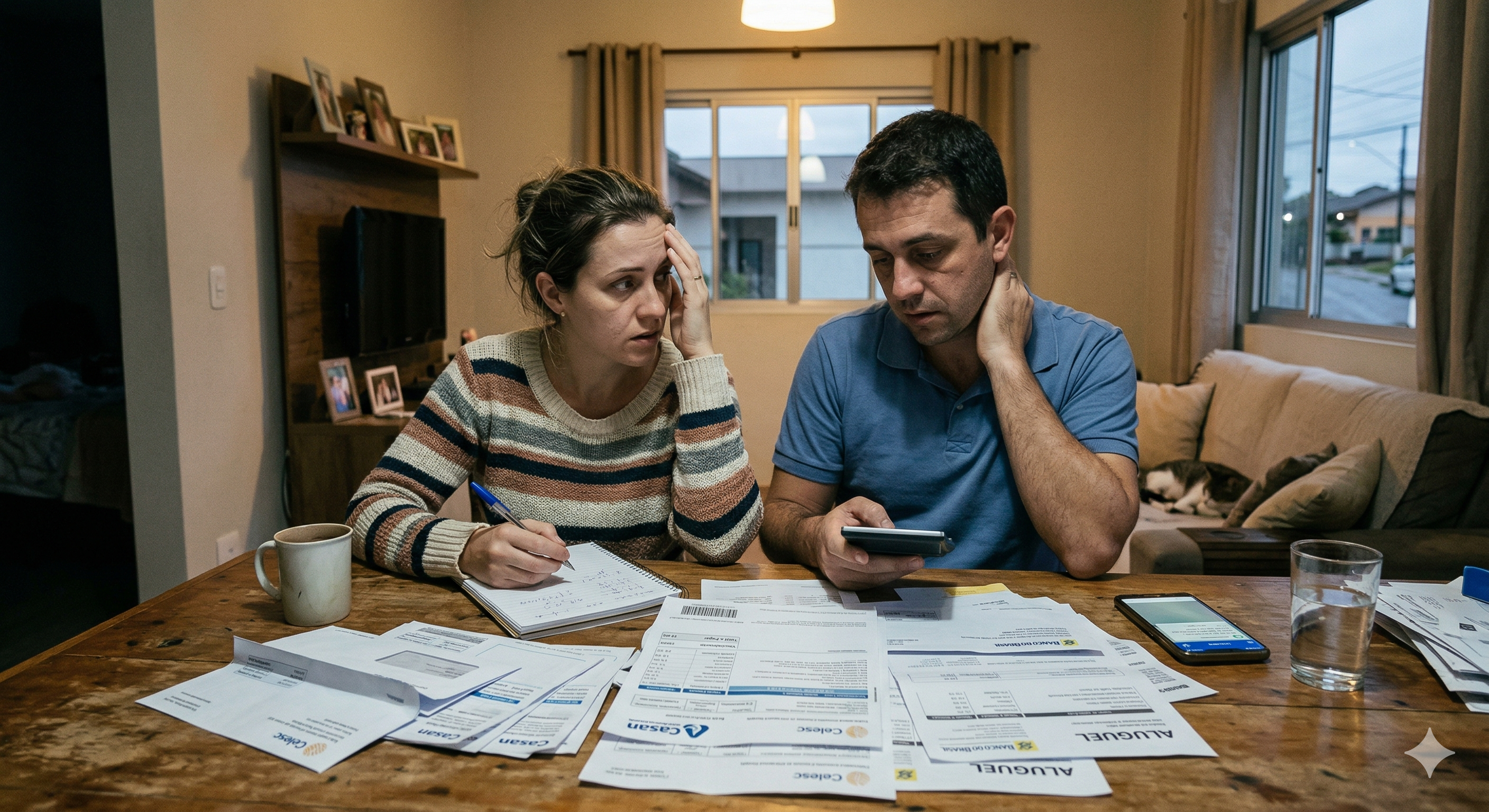 Uma fotografia realista de um casal sentado à mesa de jantar, visivelmente ansioso e sobrecarregado. Sobre a mesa de madeira, há uma pilha desorganizada de boletos de aluguel, luz e água, além de um caderno com anotações, uma calculadora, um celular e uma xícara de café.  A mulher, vestindo um suéter listrado, segura uma caneta e apoia a mão na testa com uma expressão de preocupação profunda. O homem, de camiseta azul, segura uma pequena calculadora e massageia o pescoço, demonstrando cansaço e estresse. Ao fundo, o ambiente doméstico é simples e acolhedor, contrastando com a tensão financeira evidente no primeiro plano.